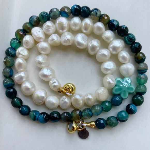 NWT, Artisan Crafted, Freshwater Pearl & Teal Stone Necklace, 19" Magnetic Clasp - Picture 1 of 5